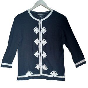 Newport News Cardigan Black White Soutache Trim Classic Sweater Womens Medium